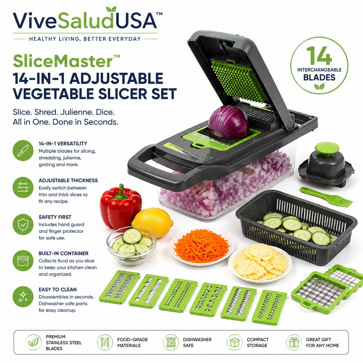 ViveSaludUSA™ SliceMaster 14-in-1 Adjustable Vegetable Slicer Set