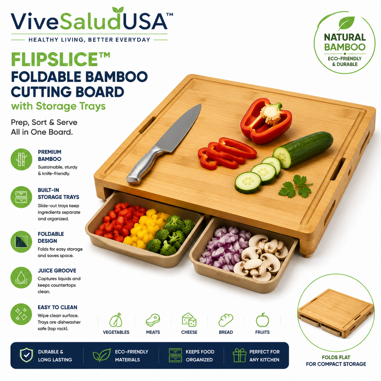 ViveSaludUSA™ FlipSlice Foldable Bamboo Cutting Board with Storage Trays