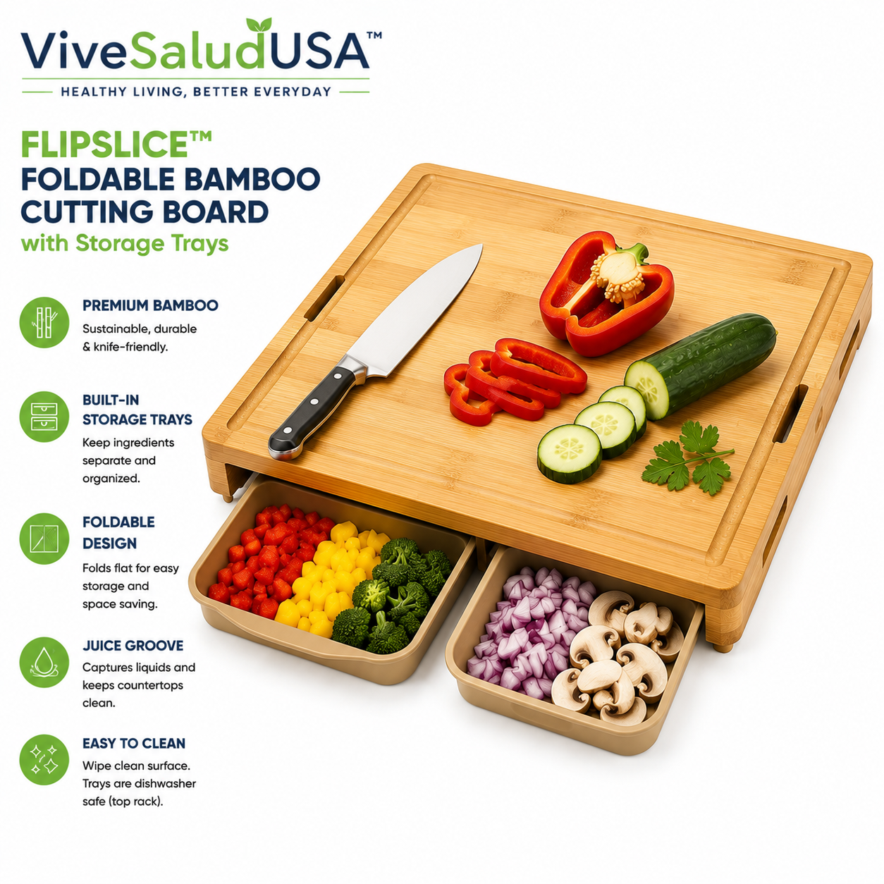ViveSaludUSA™ FlipSlice Foldable Bamboo Cutting Board with Storage Trays