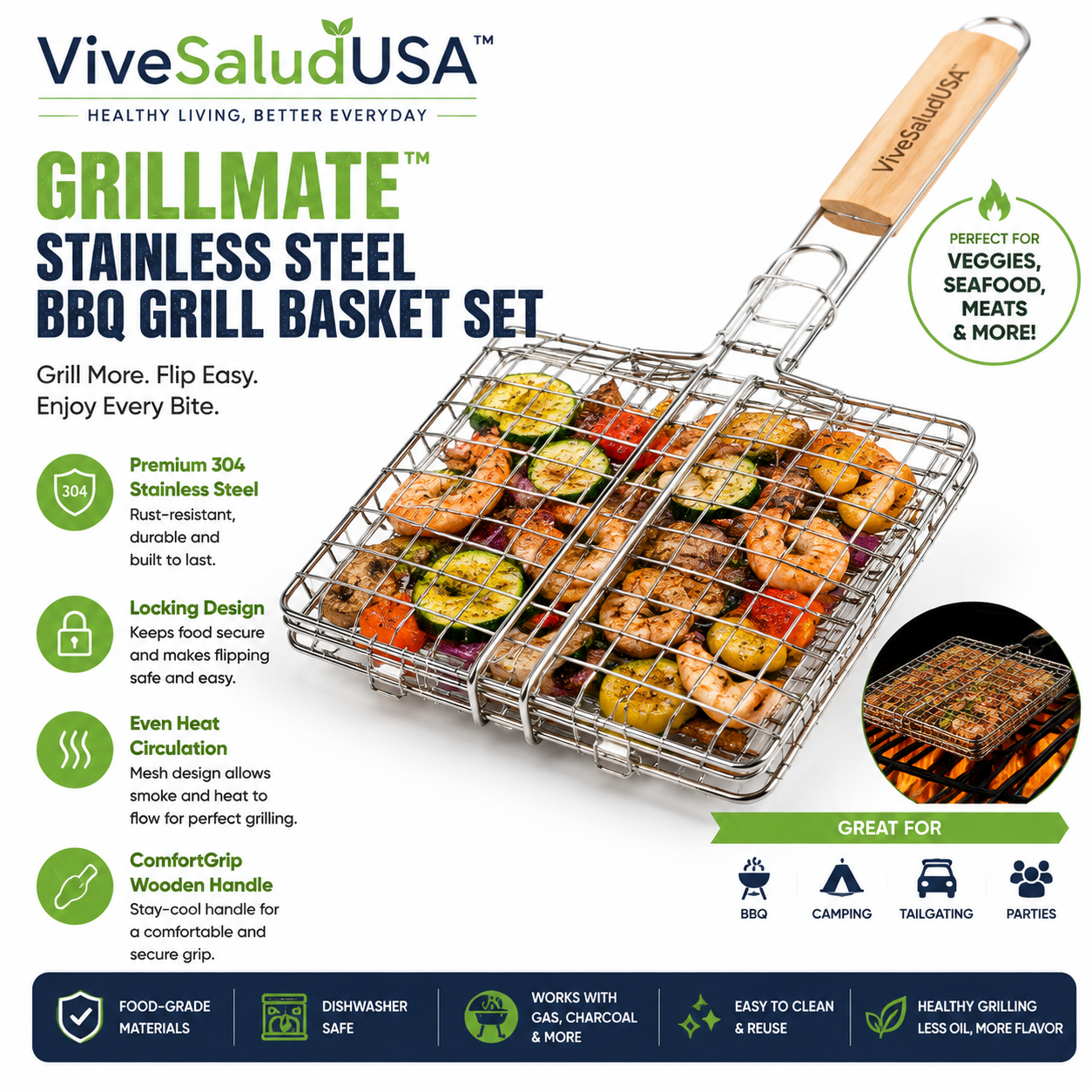 ViveSaludUSA™ GrillMate Stainless Steel BBQ Grill Basket Set