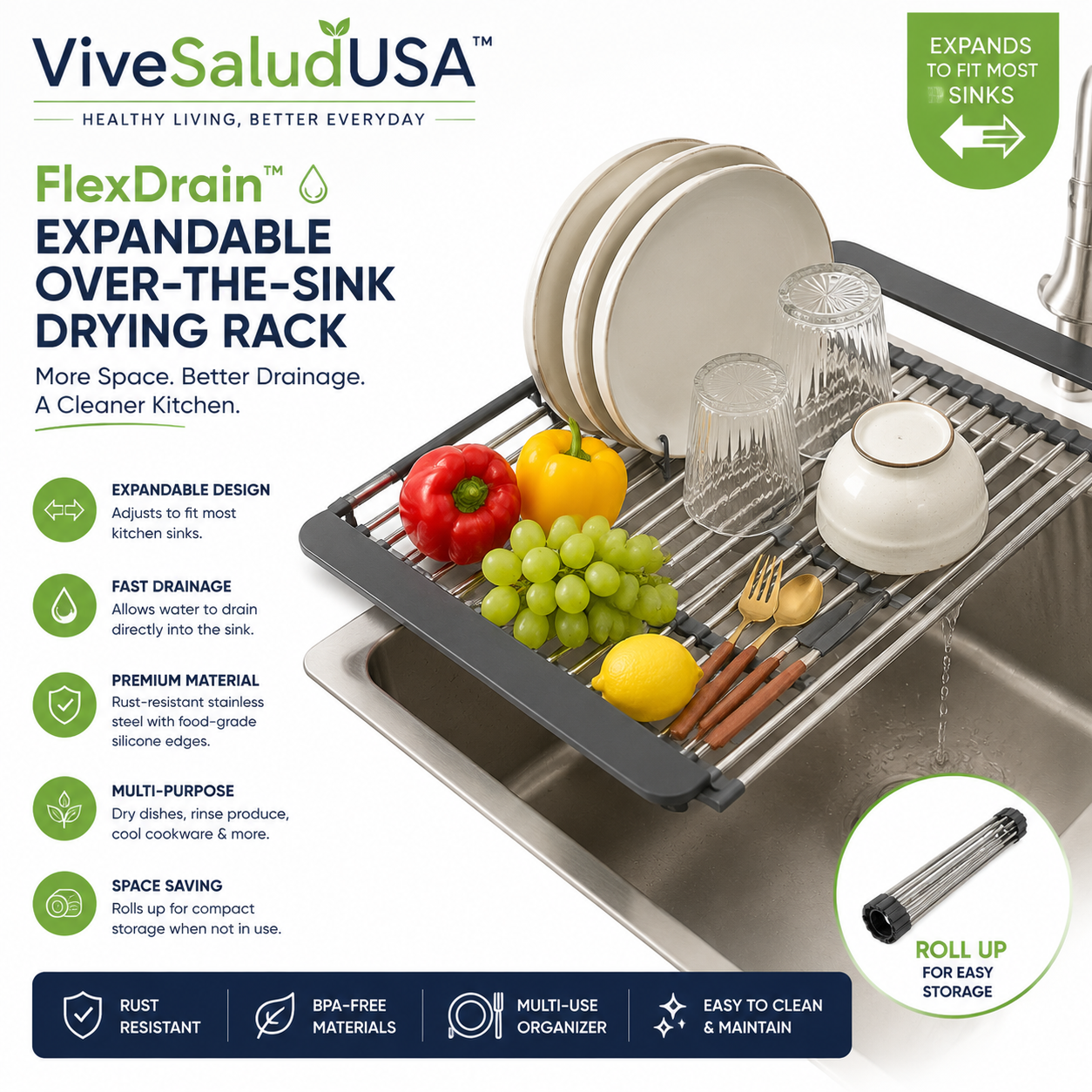 ViveSaludUSA™ FlexDrain Expandable Over-the-Sink Drying Rack