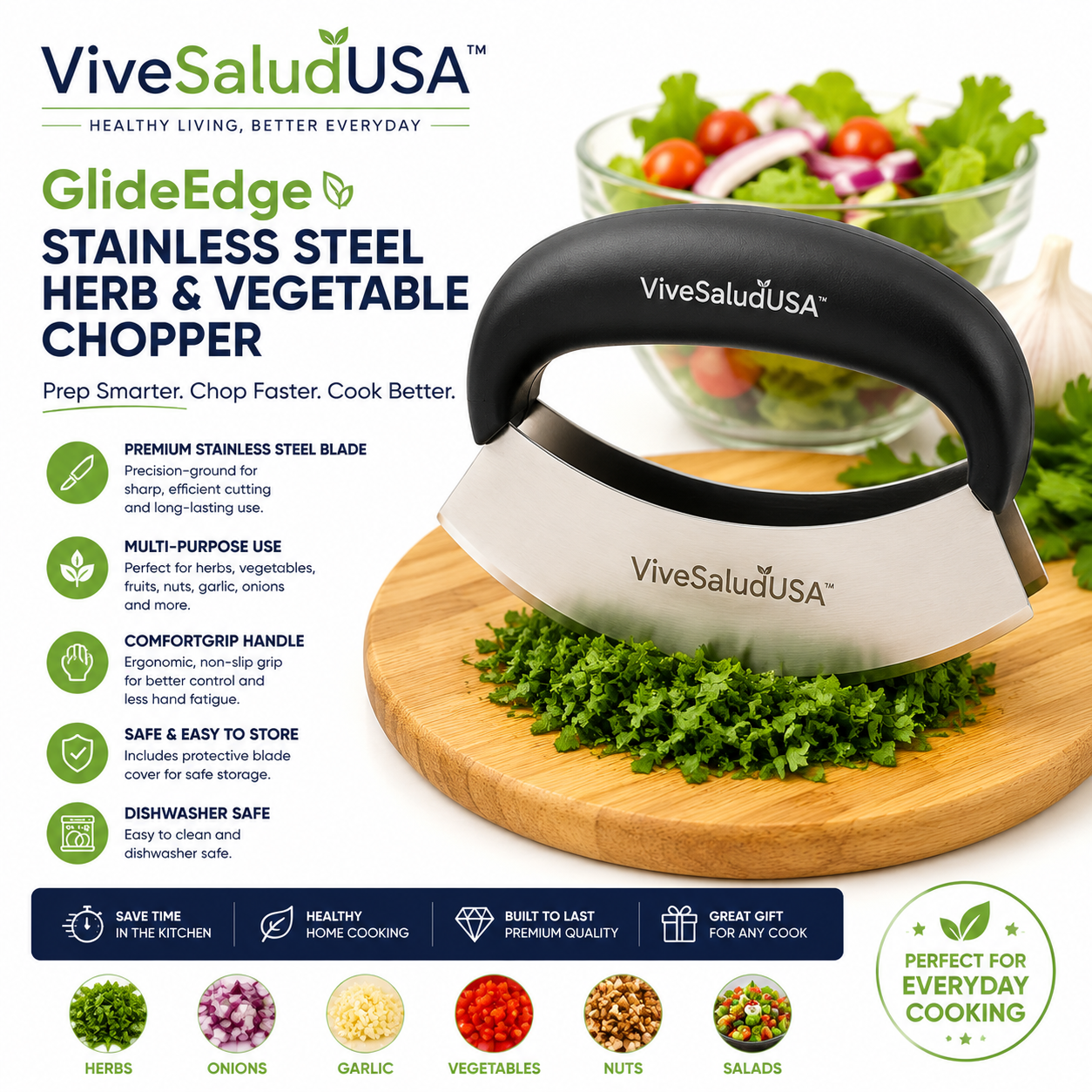 ViveSaludUSA™ GlideEdge Stainless Steel Herb & Vegetable Chopper