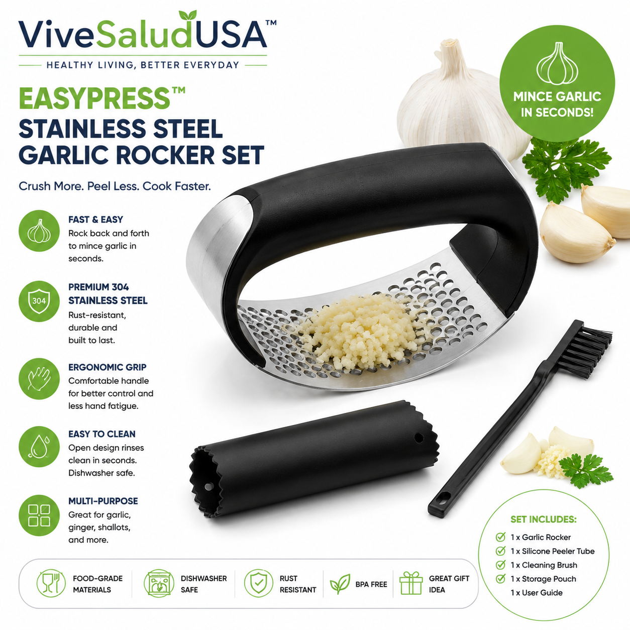ViveSaludUSA™ EasyPress Stainless Steel Garlic Rocker Set