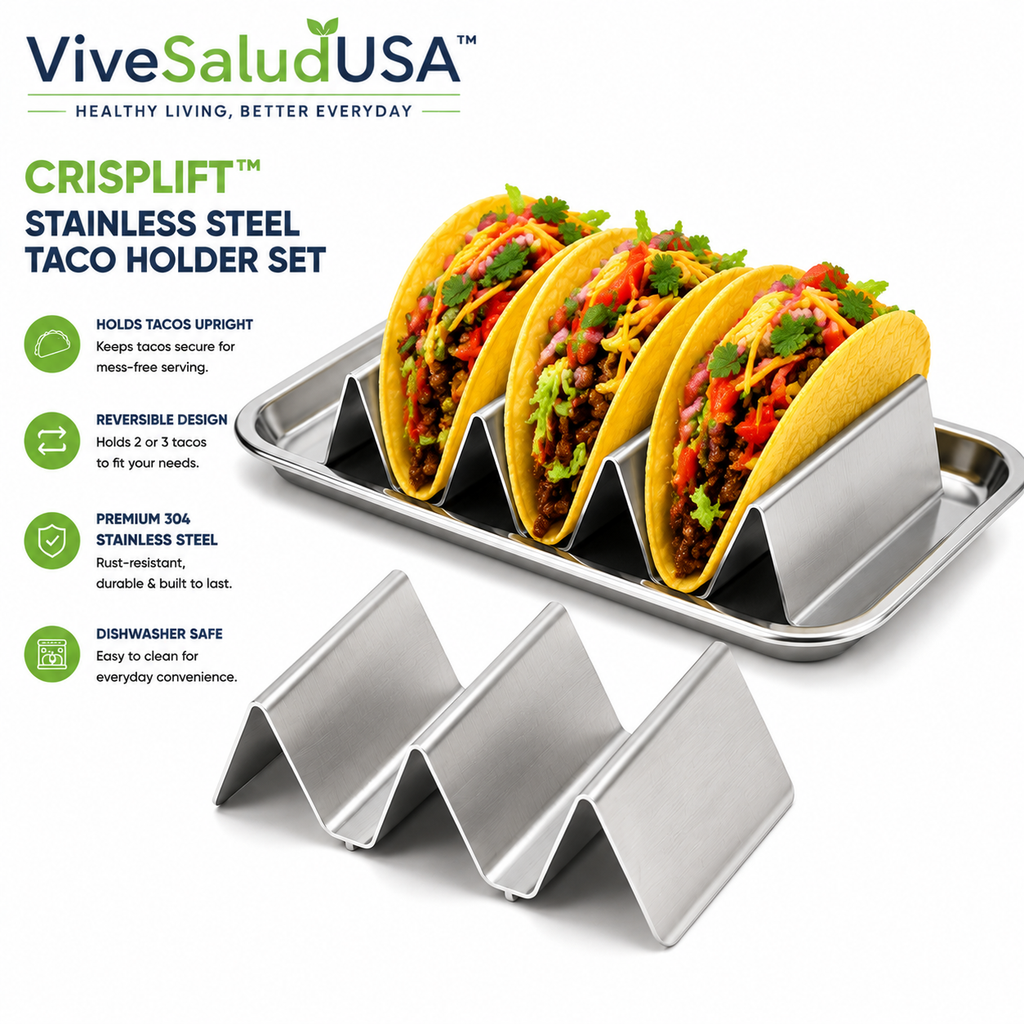 ViveSaludUSA™ CrispLift Stainless Steel Taco Holder & Serving Tray Set